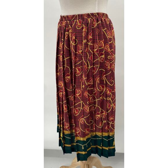 Vintage 80s Pleated Midi Skirt French Horns Mixed Print Pull on Maroon Green S - Picture 4 of 8